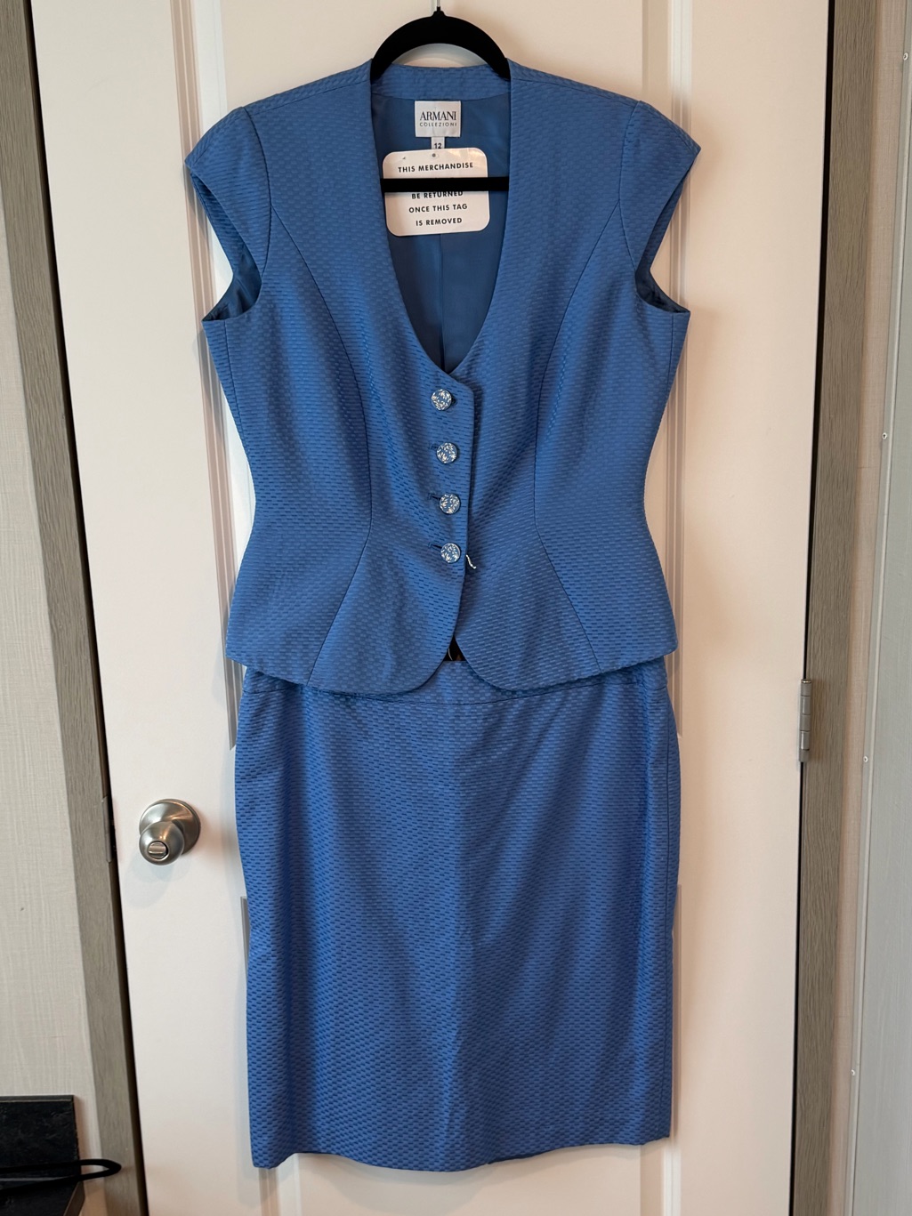 Armani Collezioni Blue Textured Blouse/Vest-Skirt Size 12 Italy 2pc Set New